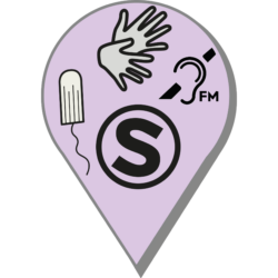 Logo: Service Point mit Tampon-Symbol, Gebärdenden Händen, einem Ohr unter dem FM steht und einem S in einem Kreis