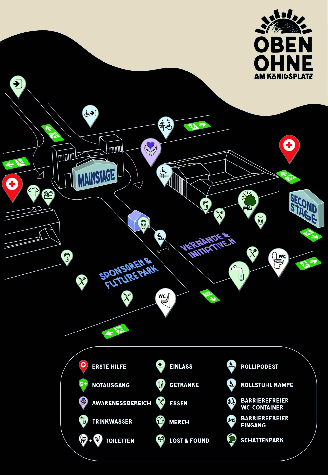 Die Platzplangrafik stellt vereinfacht den Königsplatz und wichtige Positionen von Ständen und speziellen Orten da. So ist die Mainstage direkt vor den Propyläen platziert, der Awareness-Bereich auf der rechten Seite auf Höhe der Mainstage neben der Glyptothek und die Toiletten auf der Katharina-von-Bora-Straße und der Arcisstraße.