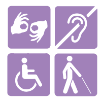 Logo: Inklusion beinhaltet vier Icons. Eines zeigt gebärdende Hände, eines ein durchgestrichenes Ohr, eines eine Person im Rollstuhl und eines eine Person mit Blindenstock